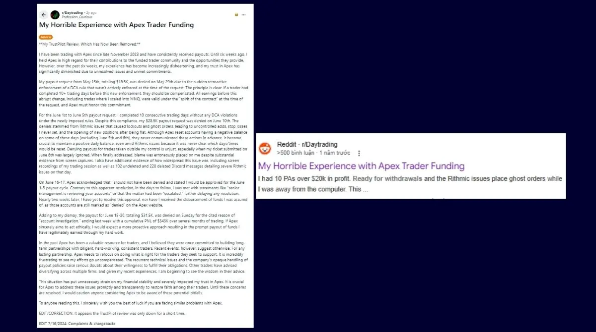 Reddit complaints about Apex Trader Funding